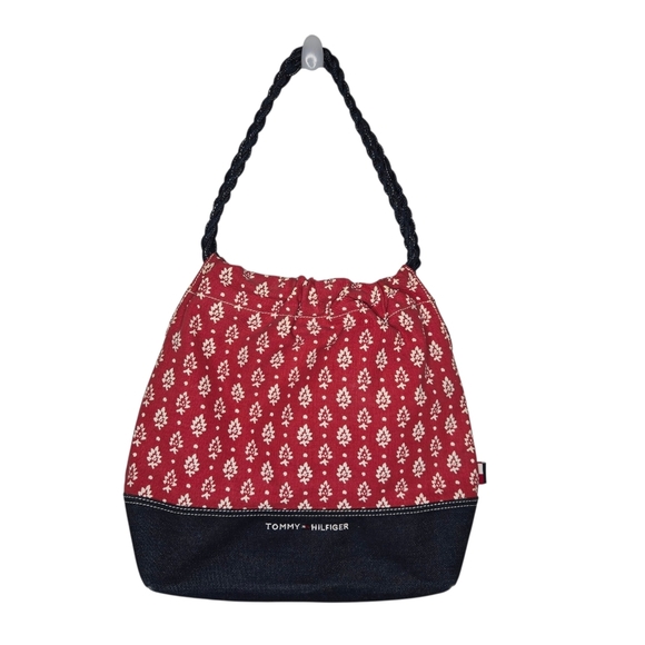 Tommy Hilfiger Floral Print Canvas Denim Braided Strap Bucket Tote Shoulder Bag - Picture 1 of 10